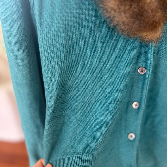 Cabi Tearoom Cardigan Teal Blue Green Fur V-Neck Long Sleeve 3018 Sz M - Picture 6 of 8